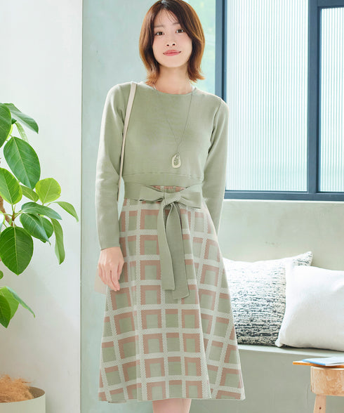 リボンベルト付きチェック柄ニットワンピース